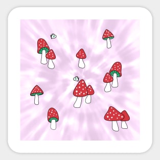 Aesthetic Red Hatted Mushrooms and Butterflies on a Mauve Pastel Tie Dye Background Sticker